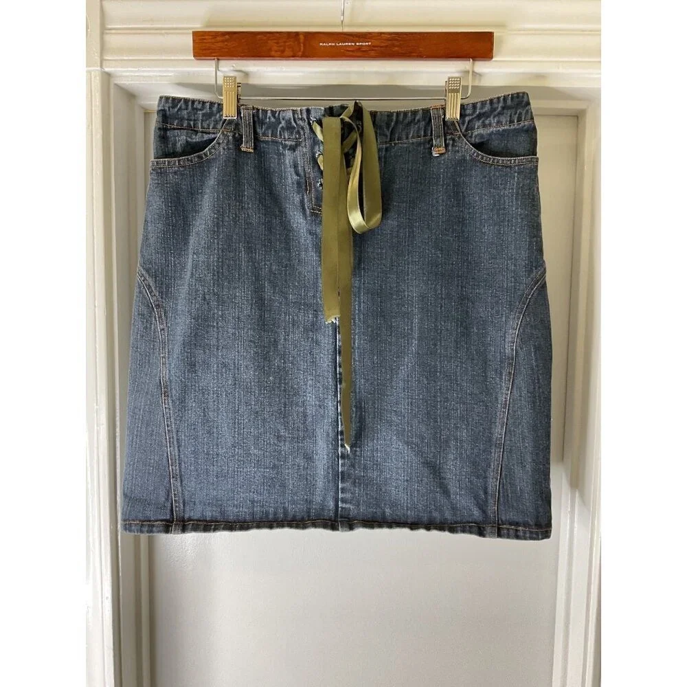 Clio Vintage Denim Skirt Ribbon Tie Front Mid-Length Size M 90s Grunge